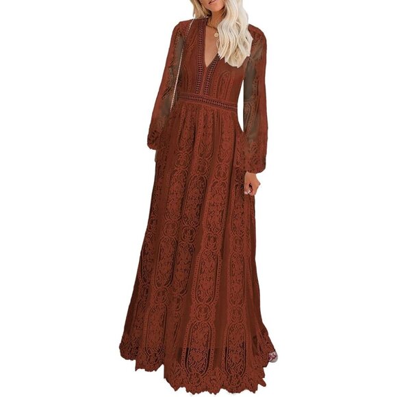 Dresses & Skirts - Women's Rust Long Sleeve Off The Shoulder Floral Lace Wedding Long Dress Maxi